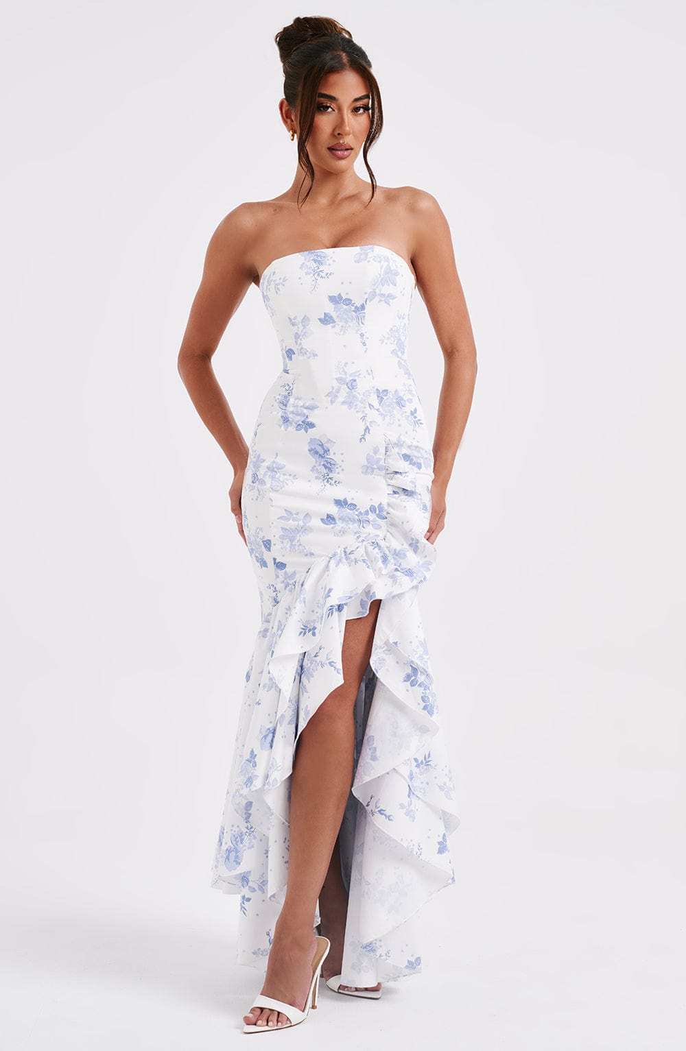 Angelina Maxi Dress Blue Floral Print - Angelina Long Dress with Blue Floral Print, Elegance and Lightness for Special Occasions